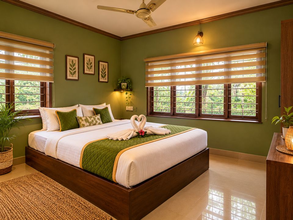 A bedroom with olive-green walls, a low wooden bed made up in white and green, and windows on two sides looking into trees