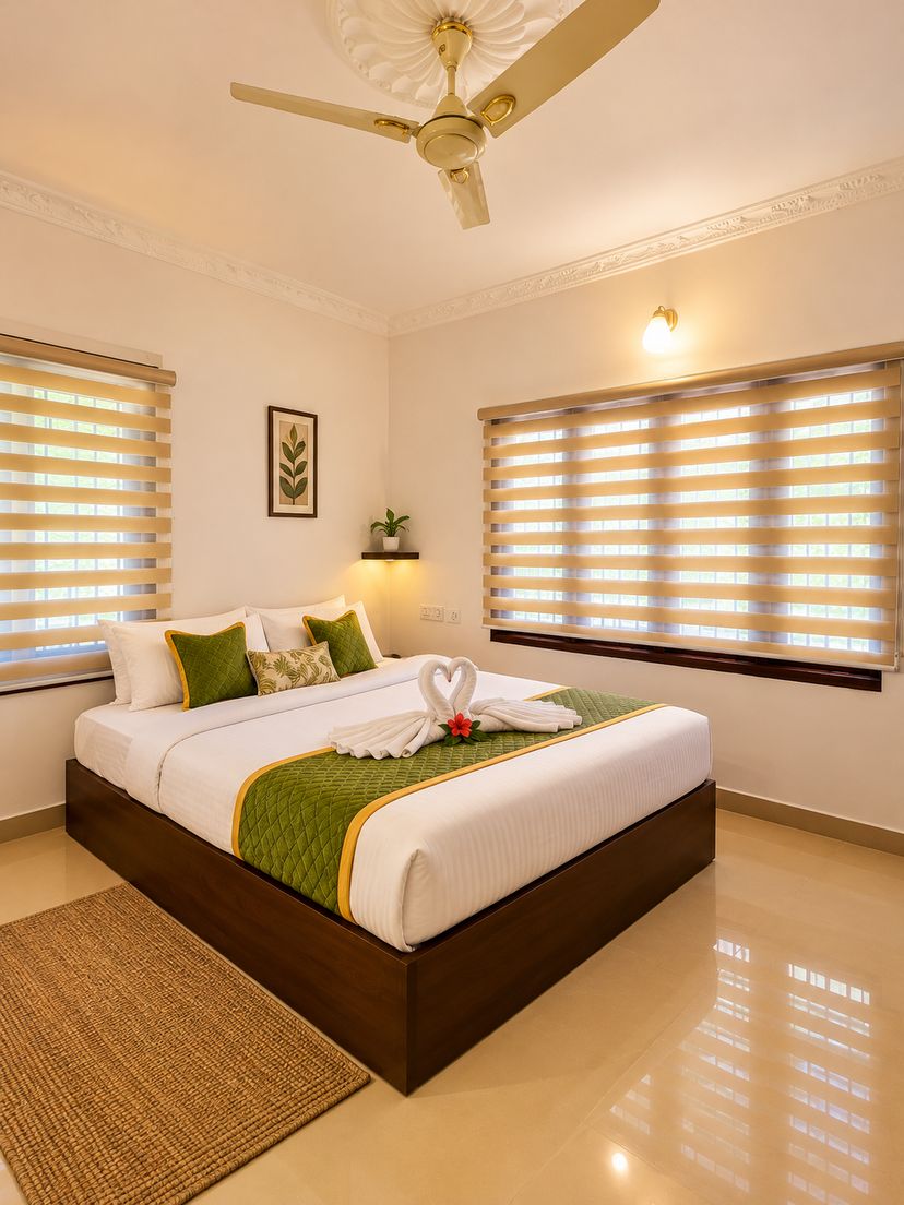 A bedroom with cream walls, a ceiling fan, a low wooden bed made up in white and green, and blinds drawn over two windows